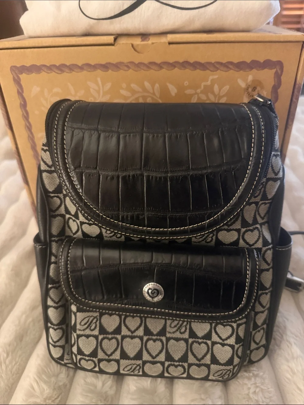 Brighton Black Heart-Pattern Backpack with Croc-Textured Trim